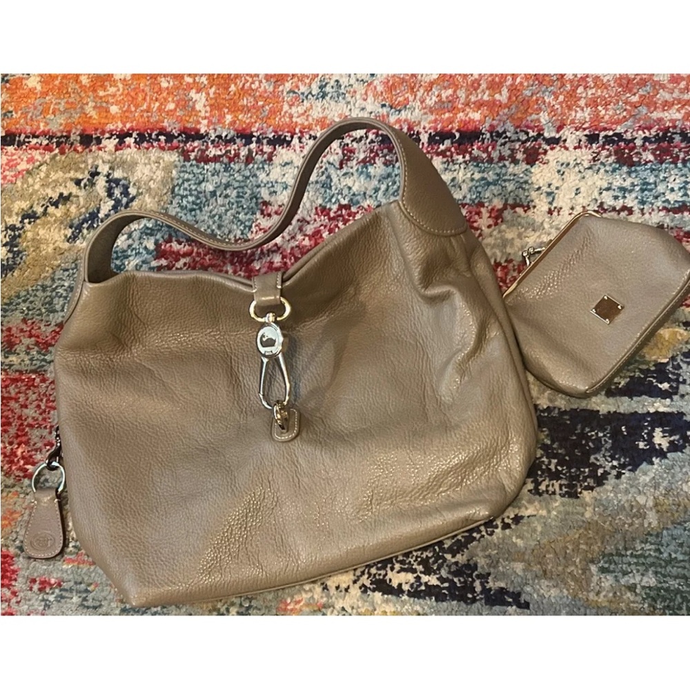 Dooney & Bourke Pebbled Leather Logo Hook & Loop Lock Camel Shoulder Bag Purse